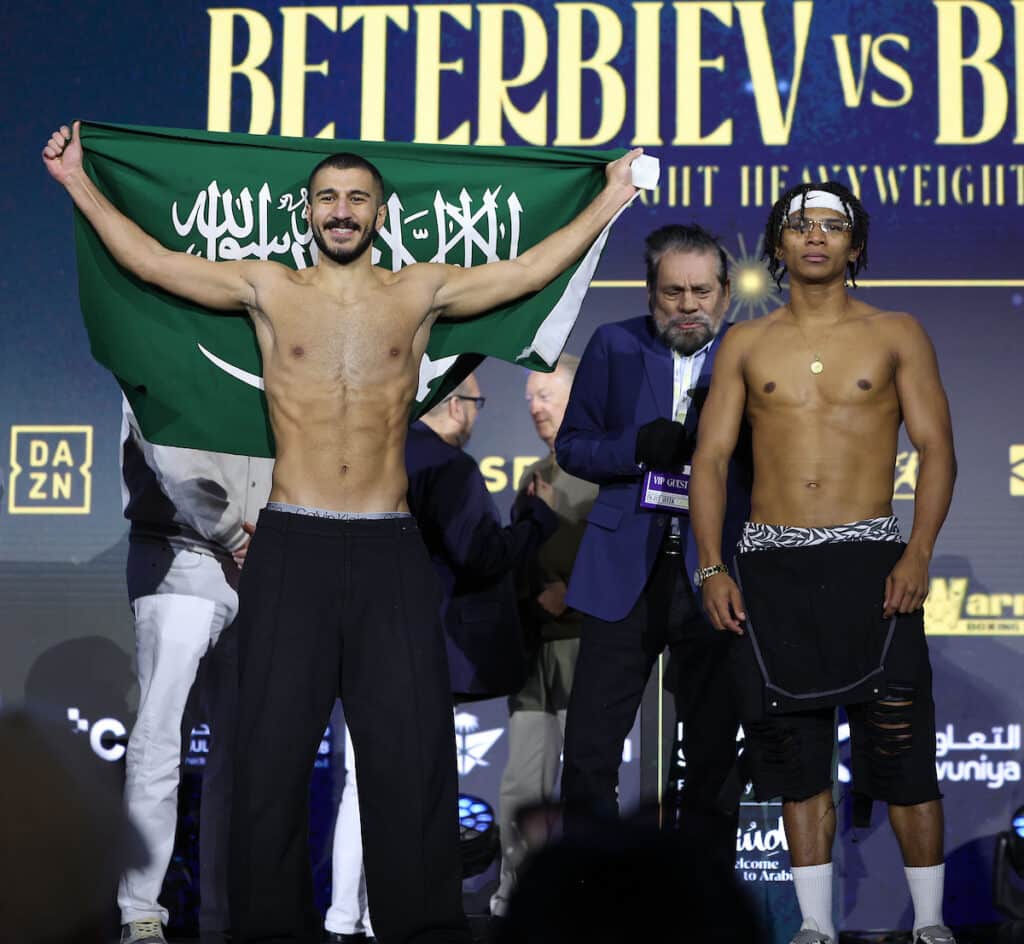 Ziyad Almaayouf and  Jonatas Rodrigo Gomes de Oliveira weight in for their Super Lightweight contest. Photo: Mark Robinson, Matchroom Boxing