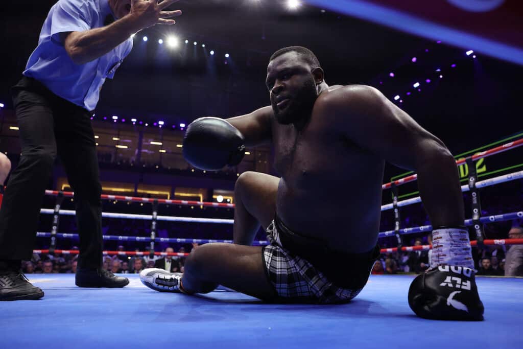 Martin Bakole tried to get up, but referee Steve Gray decided his night was over. Photo: Mark Robinson, Matchroom Boxing