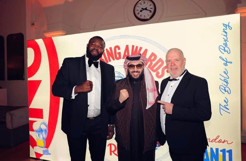 Martin Bakole with Turki Alalshihk and trainer Billy Nelson at the Ring Magazine awards earlier this year. Photo: Ring Magazine