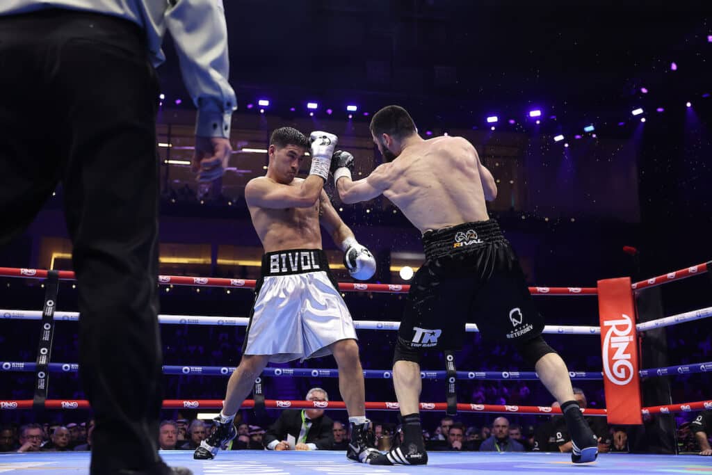 Artur Beterbiev took control in the first half of the fight against Dmitriy Bivol. Photo: Mark Robinson, Matchroom Boxing