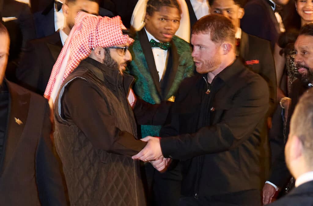 Turki Alalshikh with Canelo Alvarez at the Ring Magazine Awards in January.
Photo: Mark Robinson, Matchroom Boxing