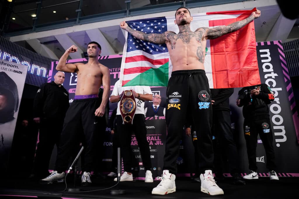 Jack Catterall and Arnold Barboza Jr weigh In Friday ahead of their WBO Interim World Super Lightweight Title fight. Photo: Dave Thompson, Matchroom Boxing boxing valentine