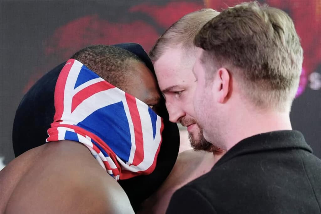 Derek Chisora and Otto Wallin go head to head at Friday's weigh-in. Photo: Peter Byrne