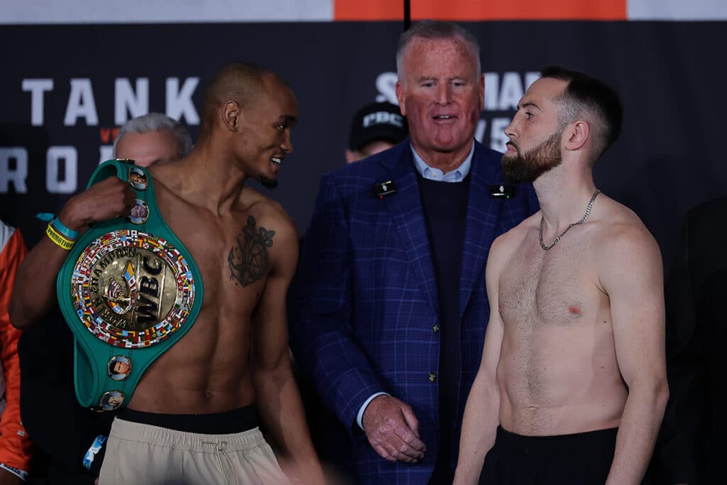 Alberto Puello and Sandor Martín exchanged a few worlds during their faceoff Friday. Photo: Esther Lin, Premier Boxing Champions Gervonta Davis