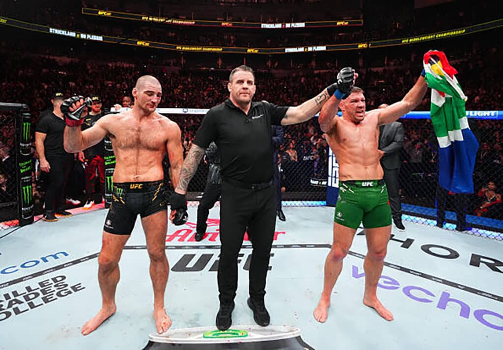 Dricus Du Plessis reacts to his victory against Sean Strickland for the UFC middleweight title at UFC 297 at the Scotiabank Arena in Toronto, Ontario on January 20, 2024.
Photo: Jeff Bottari/ Zuffa LLC