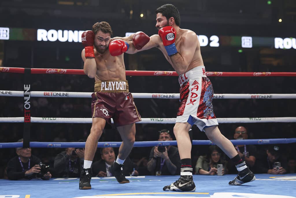 Miguel Madueño is durable and will take a shot to land a shot. Early in the fight, it was working. Photo: Cris Esqueda, Golden Boy Boxing