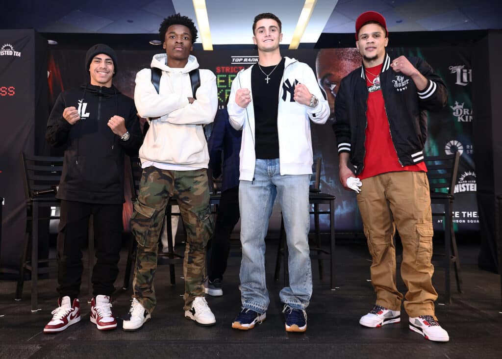 Juanmita Lopez De Jesus, Abdullah Mason, Vito Mielnicki Jr and Rohan Polanco at Wednesday's news conference in New York. Photo: Mikey Williams, Top Rank Boxing