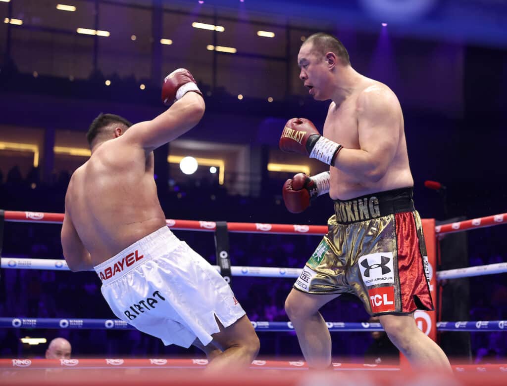 Zhilei Zhang dropped Agit Kabayel in the fifth round. Photo: Mark Robinson, Matchroom Boxing
