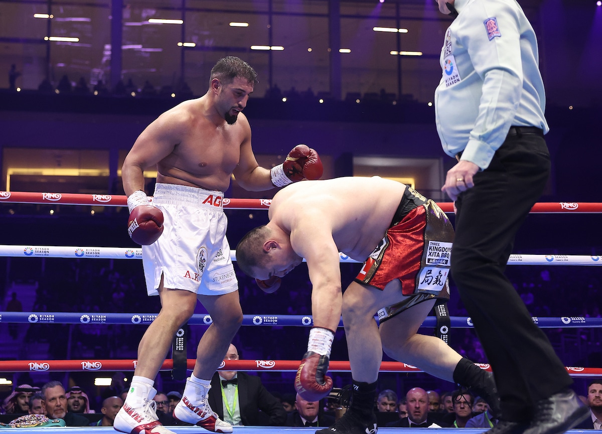 Agit Kabayel stopped Zhilei Zhang in round six to win the interim WBC World Heavyweight title. Photo: Mark Robinson, Matchroom Boxing
