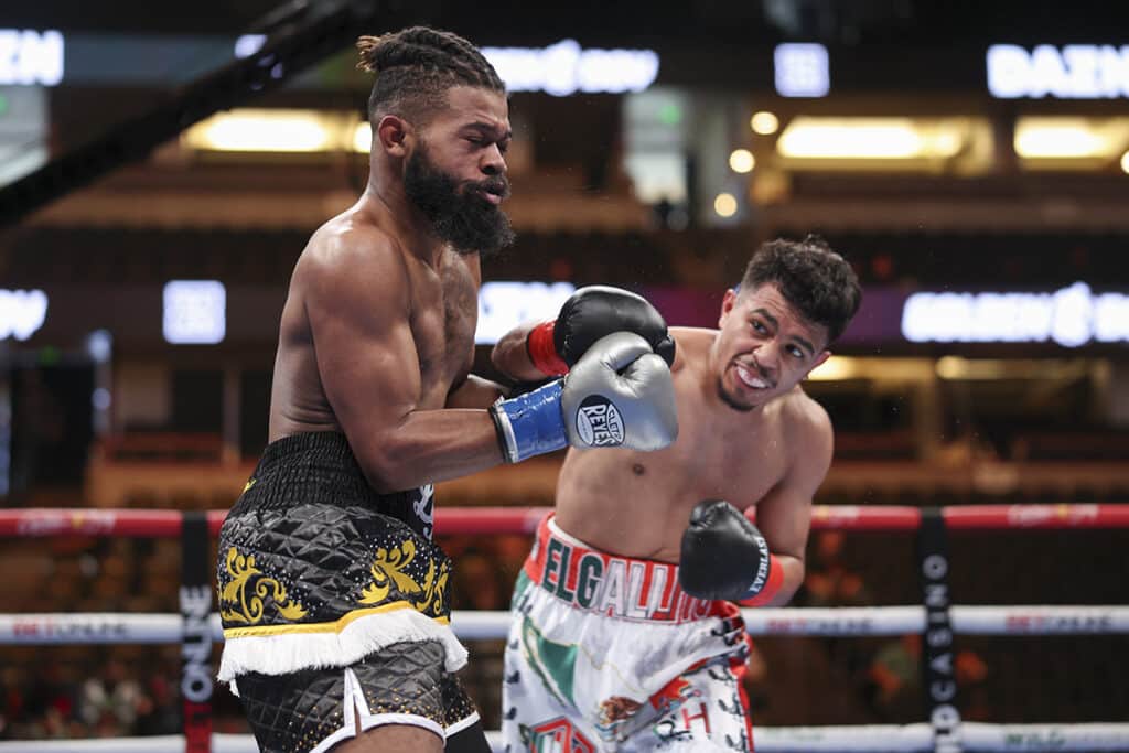 Javier Meza won his second professional fight to open the Golden Boy card in Anaheim. Photo: Cris Esqueda, Golden Boy Boxing