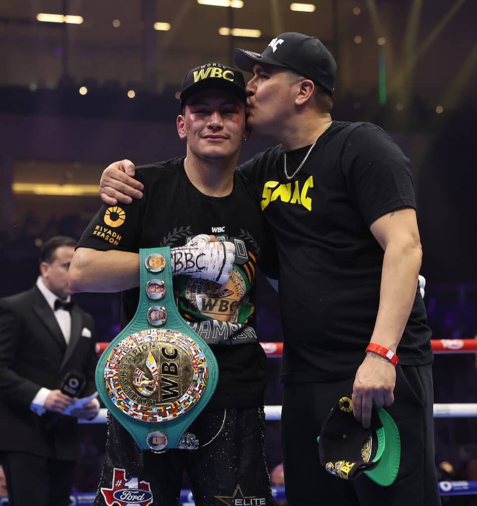 Vergil Ortiz Jr. celebrates his win with his father, Vergil Sr. Photo: Mark Robinson, Matchroom Boxing