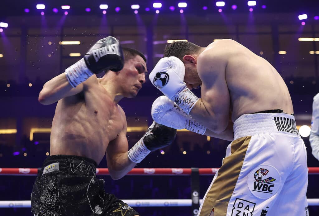 Vergil Ortiz Jr. nearly scored a knockdown with a hard body shot followed by an uppercut in round nine. Photo: Mark Robinson, Matchroom Boxing