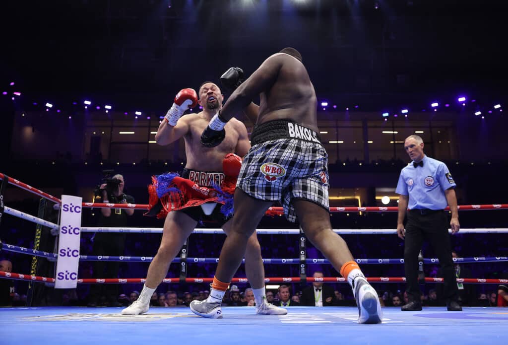 Joseph Parker needed to avoid power punches from the massive Martin Bakole. Photo: Mark Robinson, Matchroom Boxing