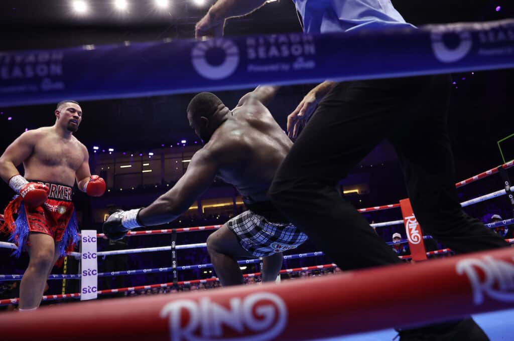 Martin Bakole fell to the canvas in slow motion after taking a hard right to the temple from Joseph Parker. Photo: Mark Robinson, Matchroom Boxing