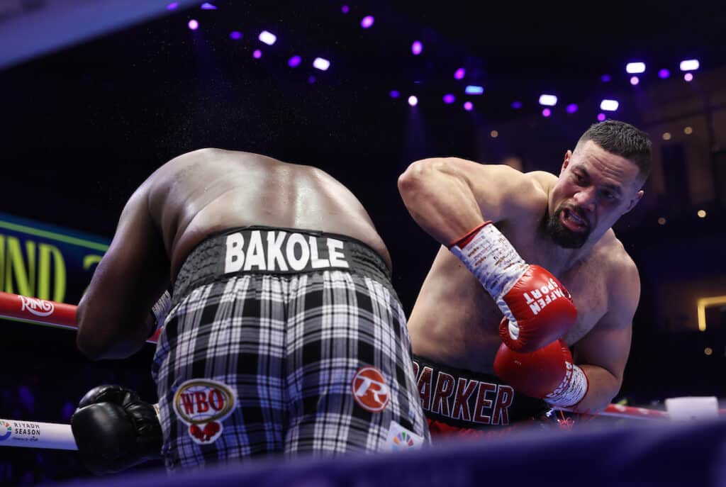 Joseph Parker knocked out Martin Bakole in the second round in a thrilling co-main event. Photo: Mark Robinson, Matchroom Boxing