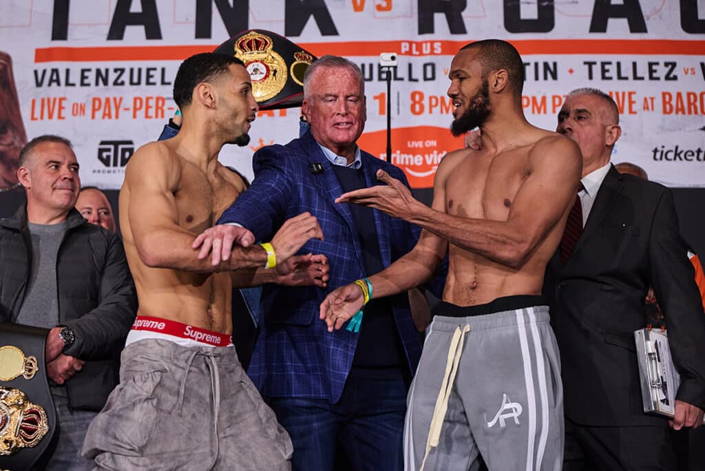 Promoter Tom Brown had to intervene when Julian Williams and Yoanis Tellez got into a scrap at the weigh-in. Photo: Esther Lin, Premier Boxing Champions