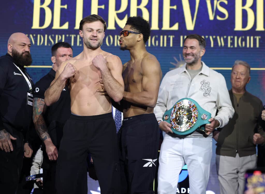 Shakur Stevenson did his best to punk Josh Padley at their weigh-in Friday. Photo: Mark Robinson, Matchroom Boxing Beterbiev vs Bivol 2