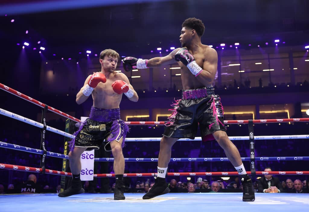 Shakur Stevenson controlled distance and got Josh Padley's attention early with sharp, swift jabs. Photo: Mark Robinson, Matchroom Boxing