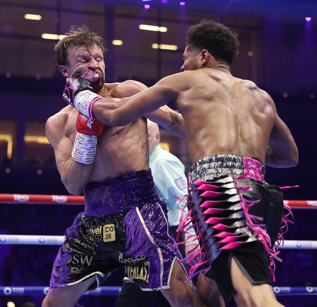 As Shakur Stevenson landed left hooks, he appeared to wince in pain. Photo: Mark Robinson, Matchroom Boxing