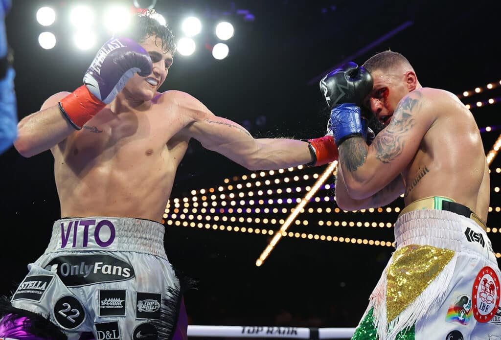 Replay ruled a Vito Mielnicki Jr. punch caused the cut to Connor Coyle's left eye. Photo: Mikey Williams, Top Rank Boxing Davis