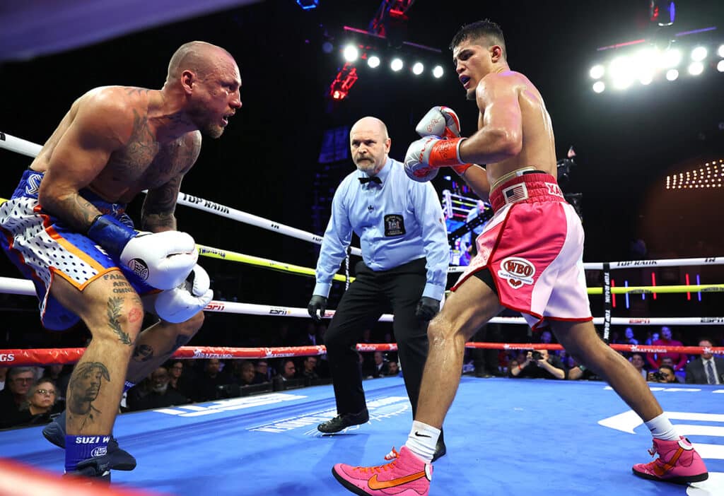 Xander Zayas was on his way to a decision win when he stopped Slawa Spomer in the ninth round. Photo: Mikey Williams, Top Rank Boxing