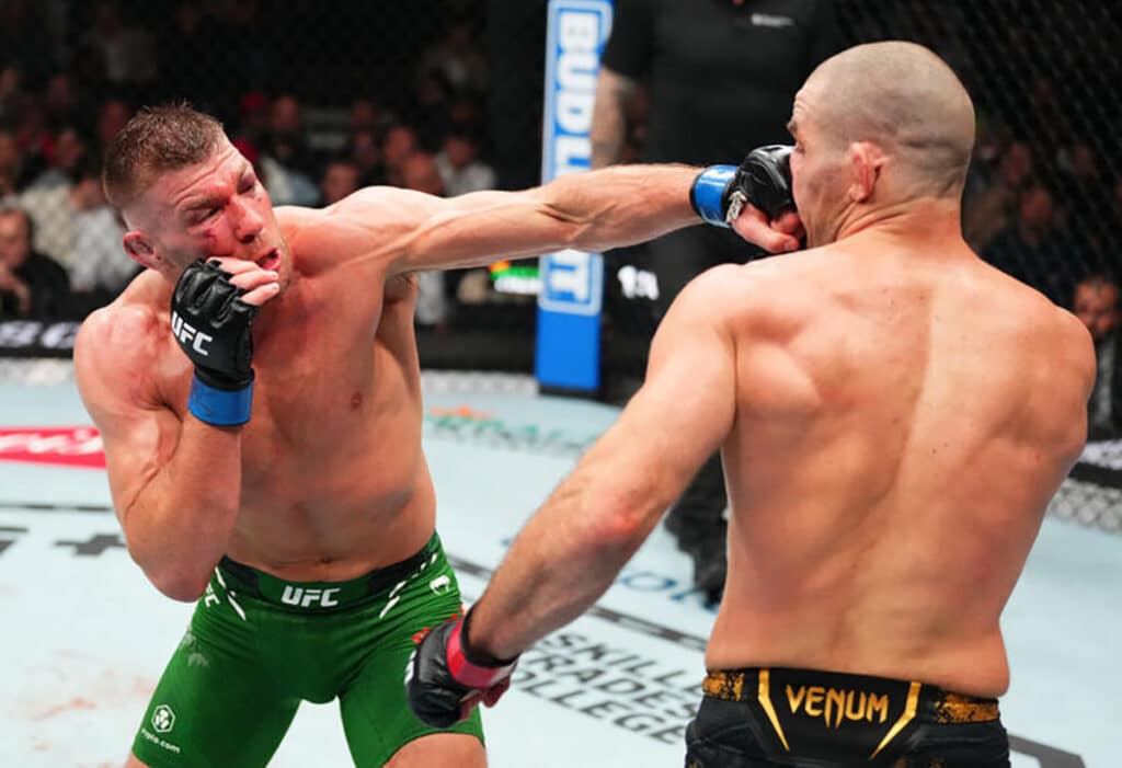 Sean Strikland and Dricus Du Plessis in their middleweight title fight during the UFC 297 event at Scotiabank Arena on January 20, 2024 in Toronto, Ontario, Canada. Photo: Jeff Bottari/Zuffa LLC