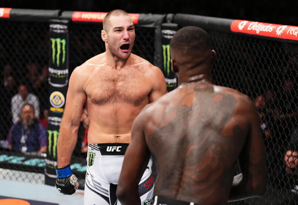 Sean Strickland up close with Israel Adesanya at UFC 293 on September 10, 2023 in Sydney, Australia. Photo: Chris Unger/Zuffa LLC