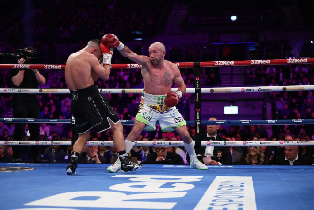 TJ Doheny gave it everything he had and kept the early rounds close against Nick Ball. Photo: Leigh Dawney, Queensberry Promotions