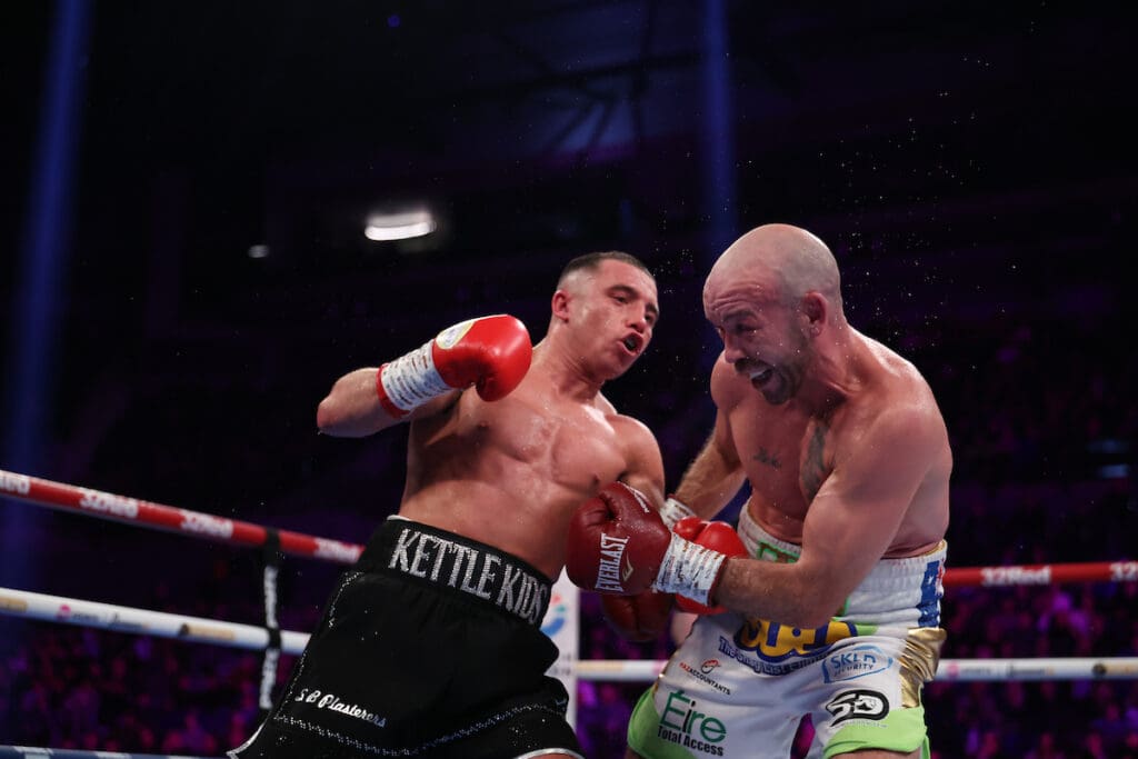 In the later rounds, Nick Ball's body attack wore down what TJ Doheny had left. Photo: Leigh Dawney, Queensberry Promotions