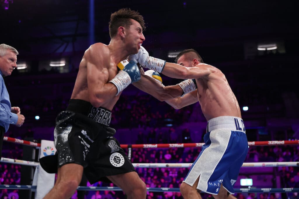 Ionut Baluta of Romania benefited from a bad call to get the split decision over Brad Strand of Liverpool. Photo: Leigh Dawney, Queensberry Promotions