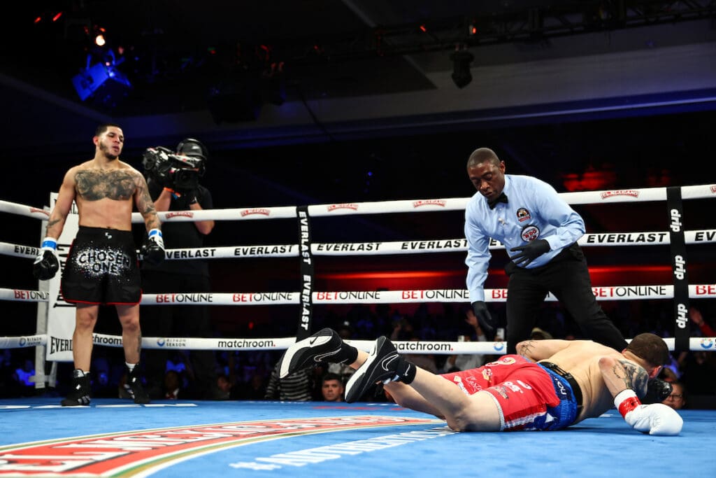 Edgar Berlanga wasted no time before dropping Jonathan Gonzalez-Ortiz. Photo: Melina Pizano, Matchroom