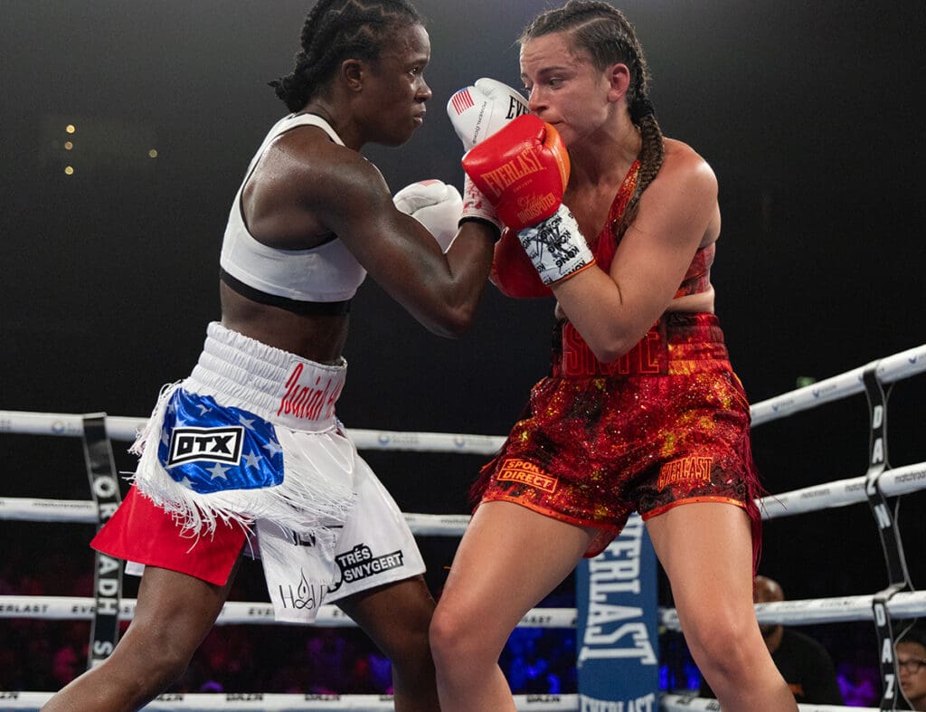 Tiara Brown made it a brawl, defeating Sky Nicolson to become the new WBC World Featherweight champion. Photo: Matchroom Boxing