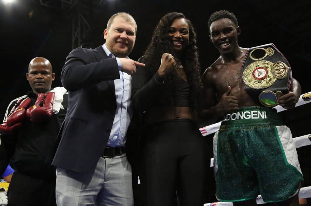 Promoter Dmitry Salita and world champion Claressa Shields congratulated Xolisani Ndongei on his victory. Photo: Esdel Palermo, Salita Promotions