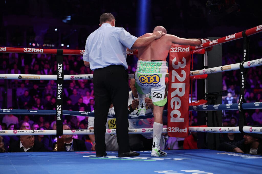 TJ Doheny was unhappy about the stoppage, but it was the right call. Photo: March 2025. Queensberry Promotions. Photo: Leigh Dawney, Queensberry 