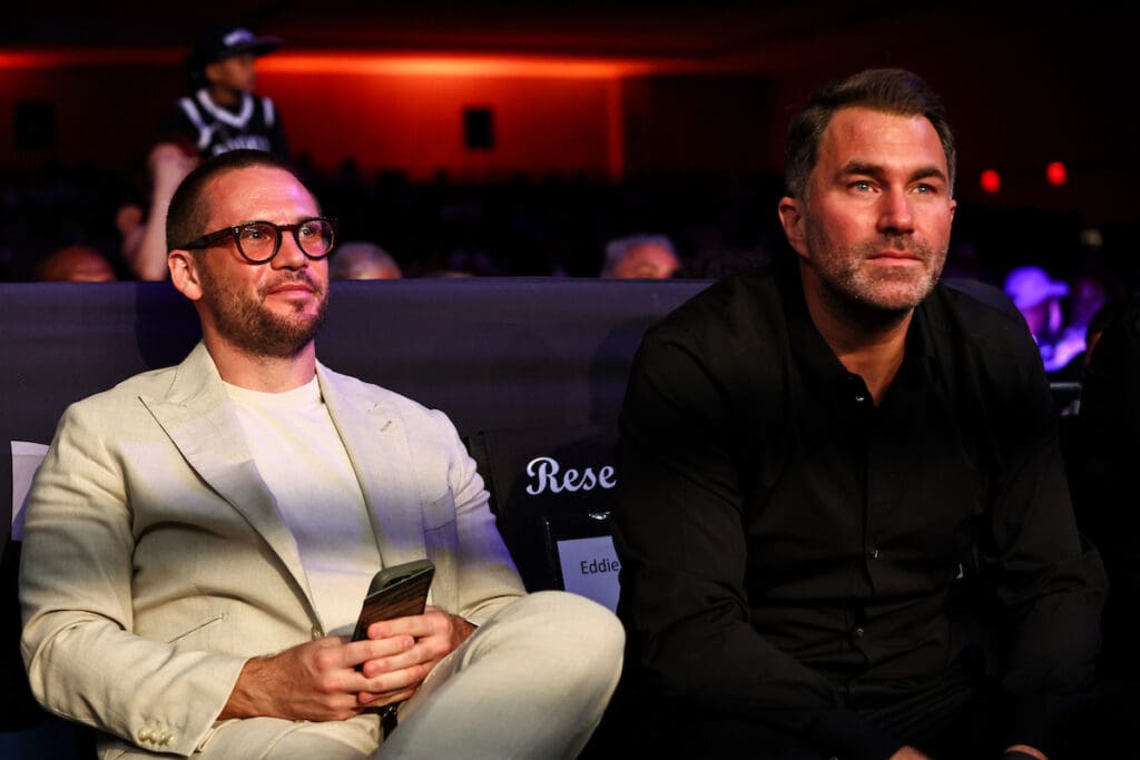 Frank Smith, Chief Executive of Matchroom Boxing, and Eddie Hearn, Chairman of Matchroom Sport, watch Austin Williams vs. Patrice Volny with concern at the Caribe Royale in Orlando, Florida. Photo: Melina Pizano, Matchroom