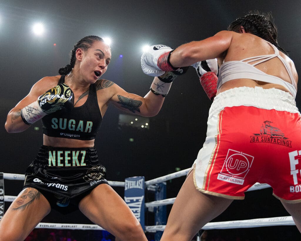 Cherneka Johnson scores a TKO7 to leave no doubt of her win over Nina Hughes. Photo: Matchroom Boxing