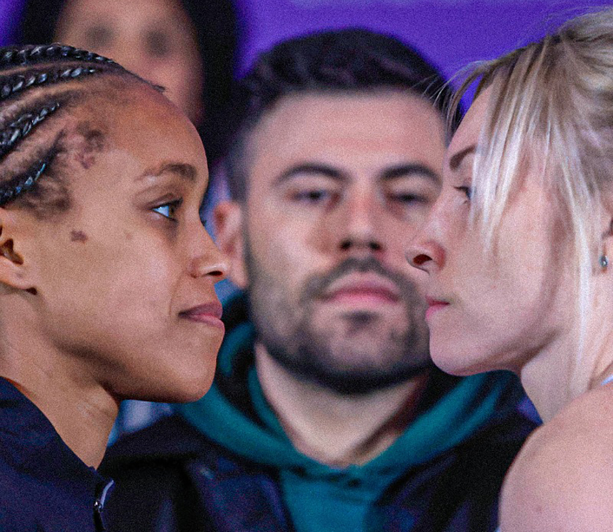 An intense faceoff in London between Natasha Jonas and Lauren Price. Photo: Boxxer
