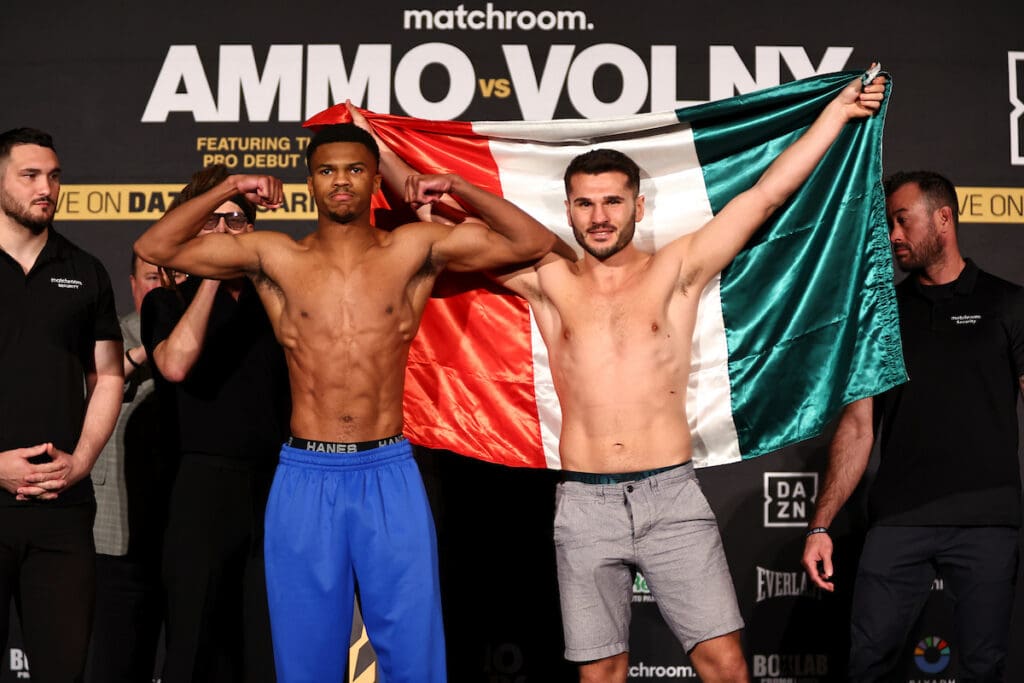 Omari Jones and Alessio Mastronunzio pose at the weigh-in ahead of the Matchroom Boxing card Saturday. Photo: Melina Pizano, Matchroom