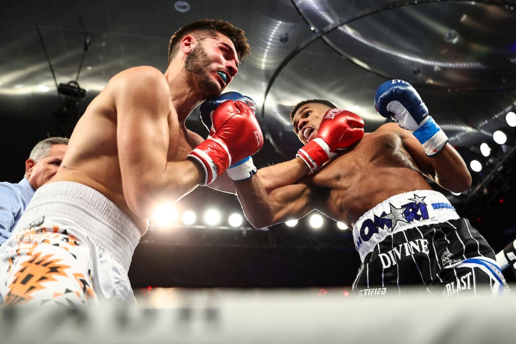 Omari Jones delivered a sensational performance in in pro debut against Alessio Mastronunzio. Photo: Melina Pizano, Matchroom Austin Williams