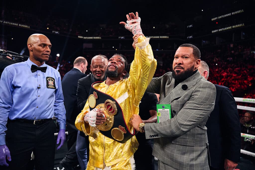 Gary Antuanne Russell celebrates his championship win in the co-main event Saturday in Brooklyn. Photo: Esther Lin, Premier Boxing Champions