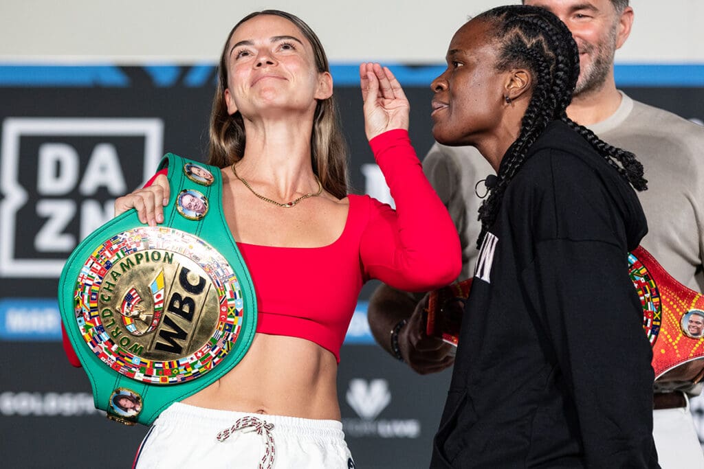 Featherweight champion Skye Nicolson and challenger Tiana Brown had a lot to say to each other during fight week in Sydney. Photo: Matchroom Boxing George Kambosos Jr.