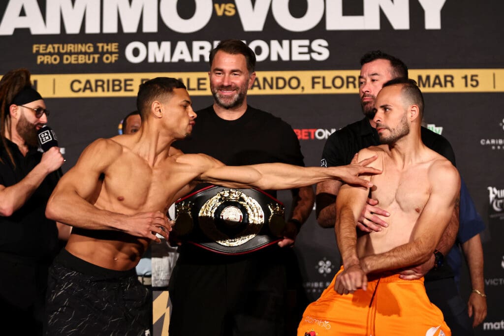 Jamaine Ortiz and Yomar Alamo get handsy at the weigh-in for Saturday's Matchroom Boxing card. Photo: Melina Pizano, Matchroom Omari Jones