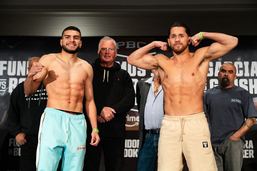 Abel Ramos Jr. and Guido Schramm at Friday's weigh-in in Las Vegas. Photo: Ryan Hafey, Premier Boxing Champions