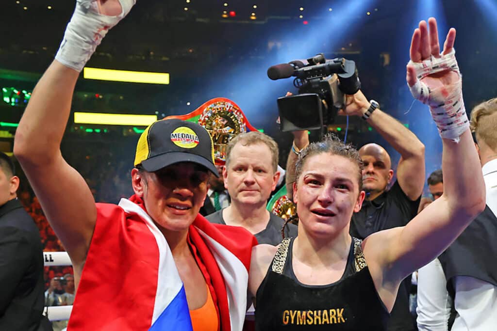 Although Katie Taylor and Amanda Serrano consider themselve friends, they have a fierce rivalry in the ring. Photo: Ed Mulholland, Matchroom Boxing Taylor vs Serrano 3