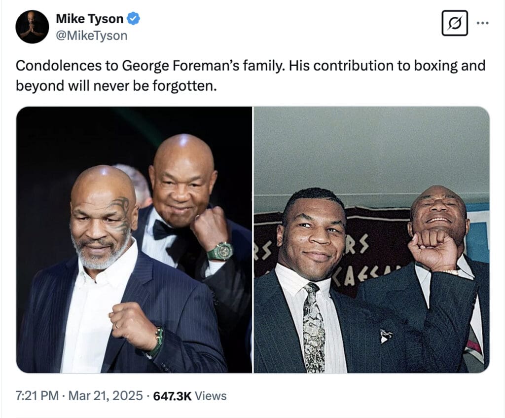 Mike Tyson offers his condolences on the death of George Foreman. Photo: X/Twitter