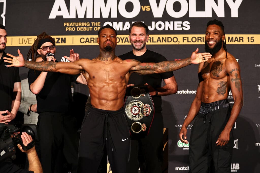 Austin "Ammo" Williams and Patrice Volny pose at the weigh-in Friday at Caribe Royale in Orlando, Florida. Photo: Melina Pizano, Matchroom Omari Jones