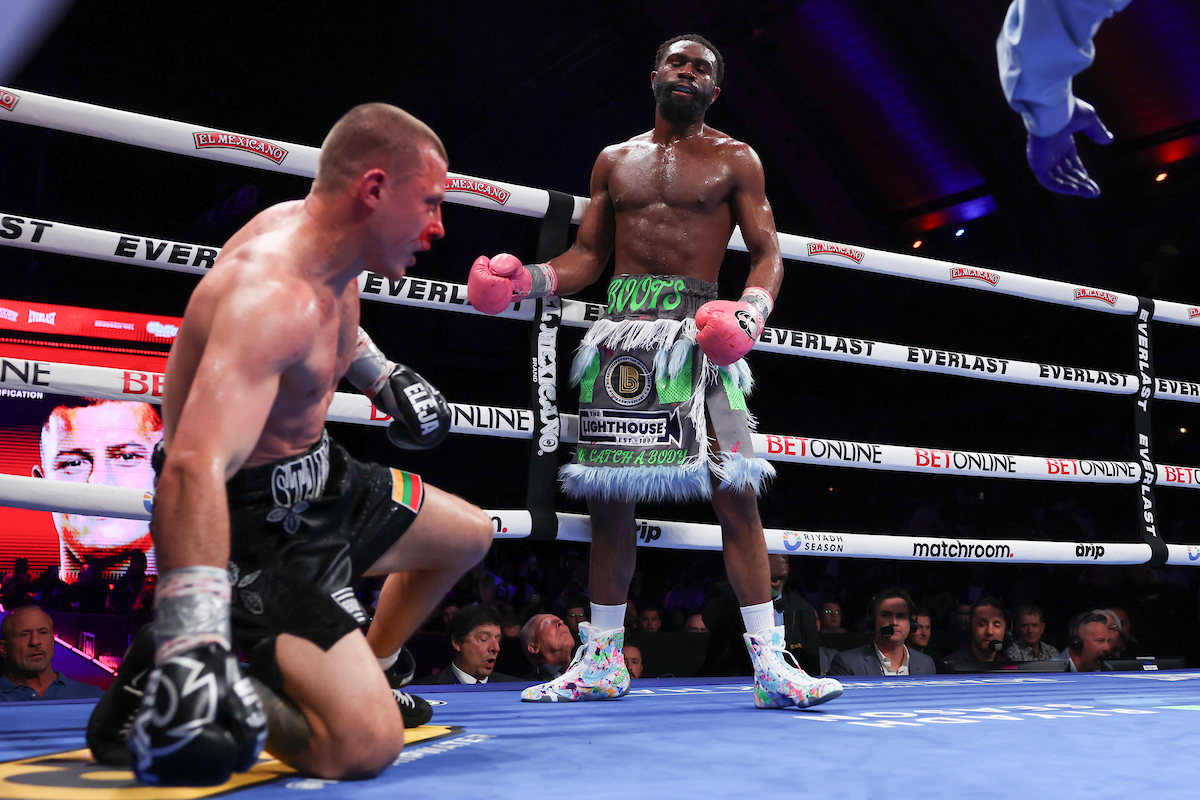 The sixth round knockdown was the end for Eimantas Stanionis. Photo: Mark Robinson, Matchroom Boxing