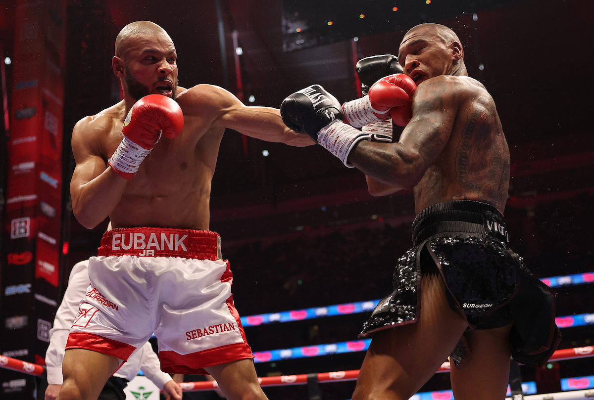 Chris Eubank Jr. had success in later rounds pinning Conor Benn on the ropes. Photo: Mark Robinson, Matchroom Boxing