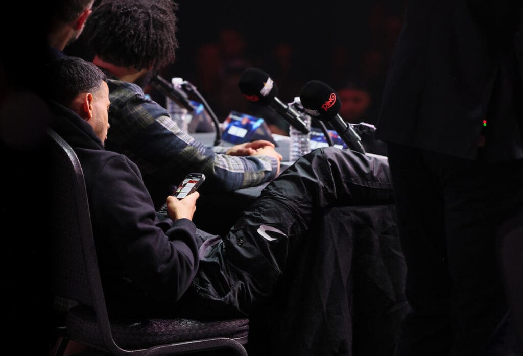 Rolly Romero relaxes at the final press conference prior to his upcoming fight with Ryan Garcia on May 2 at Times Square in New York. Photo: Geoffrey Knott/Matchroom