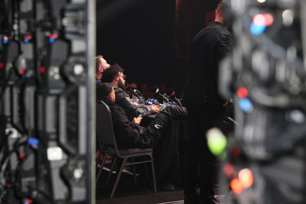 The view from backstage at the Final Fury presser with Devin Haney and Bill Haney. Photo: Geoffrey Knott/Matchroom Ryan Garcia